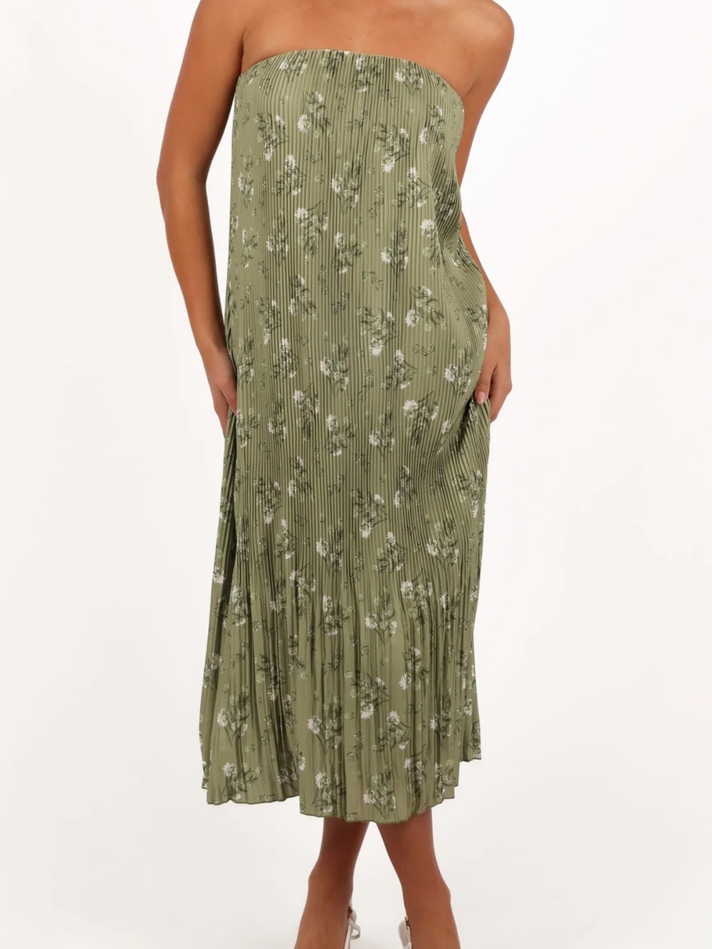 Olive Green Floral Strapless Pleated Midi Dress
